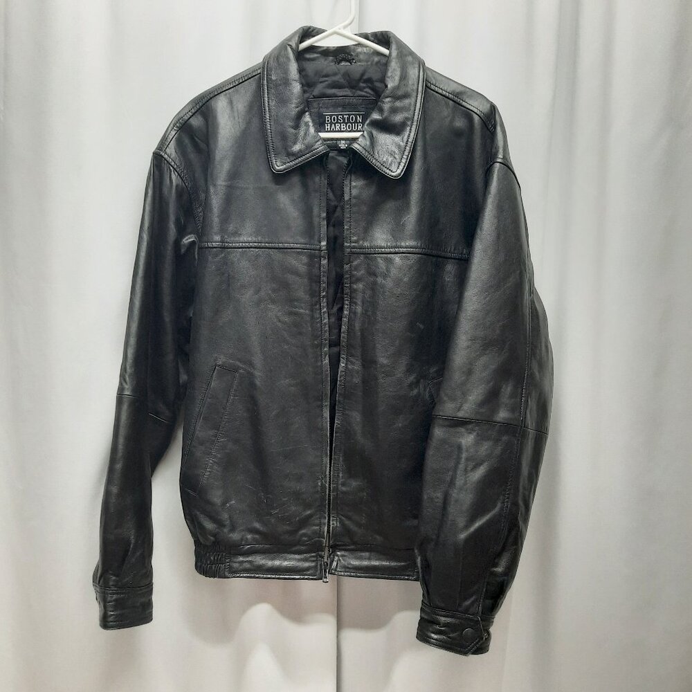 Boston Harbour Men's Genuine Leather Bomber Jacket Black Size Medium Vintage